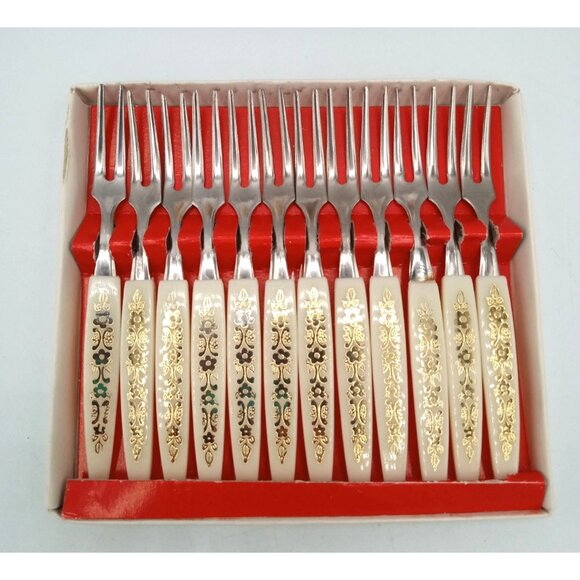 Little Fork Set 12 Piece Stainless Steel Ornate Gold Floral Handles Vintage 4 In - Picture 4 of 16